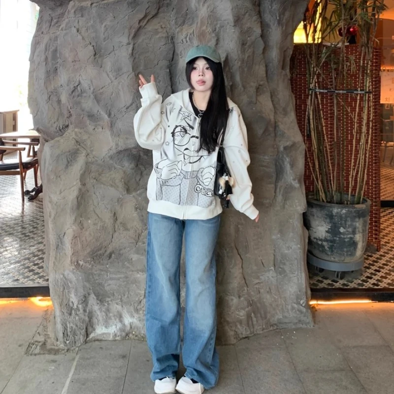 American Retro Y2K Cartoon Anime Hooded Women's Sweatshirt Spring Autumn New Loose Casual Versatile Zipper Cardigan Coat Ladies