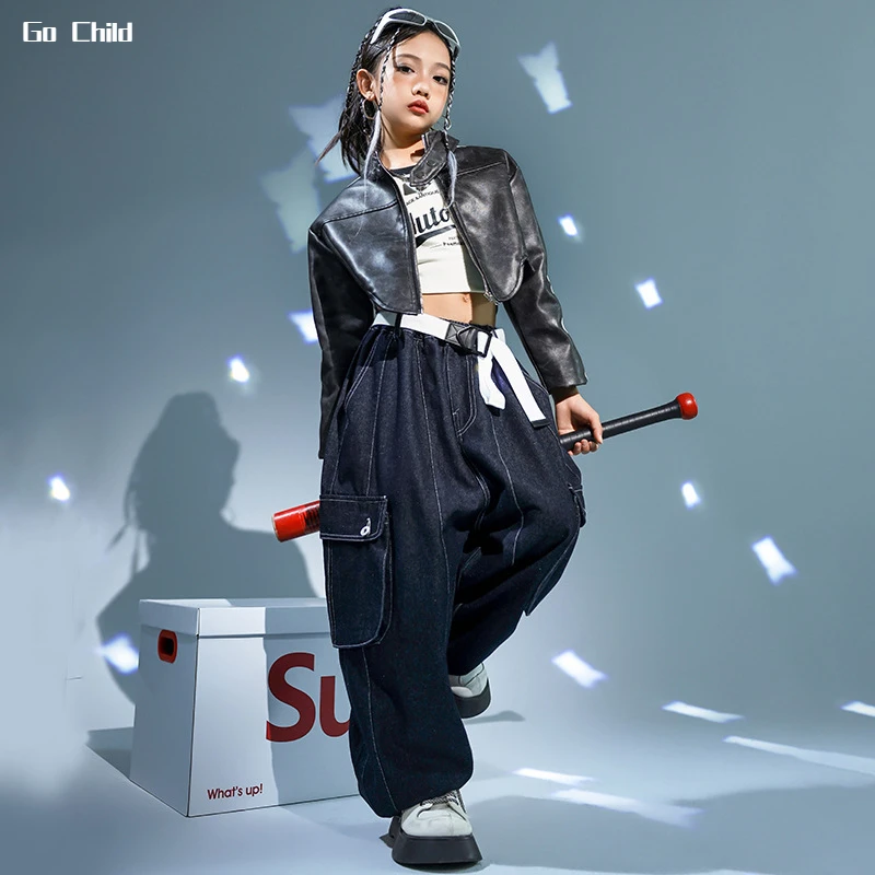 

Girls Hip Hop Leather Jacket Vest Loose Jeans Child Street Dance Crop Coat Jazz Denim Pants Clothes Set Kids Streetwear Costumes