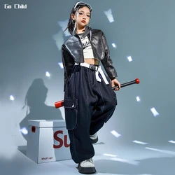 Girls Hip Hop Leather Jacket Vest Loose Jeans Child Street Dance Crop Coat Jazz Denim Pants Clothes Set Kids Streetwear Costumes