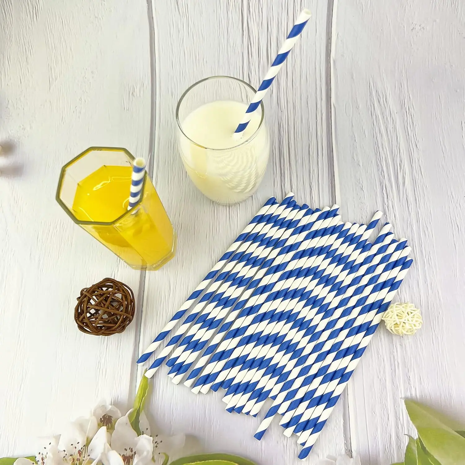 Paper Straws for drinking, 100 Pcs Blue Striped paper straws for Party Supplies, Bridal Shower,Juice, shakes,Smoothies,cocktail