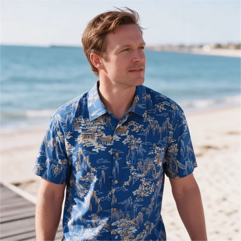 Men's Chinese Mountain Landscape Print Camp Collar Shirt, Blue Base Short Sleeve Loose Aloha Shirt Summer Casual Beach Button Up