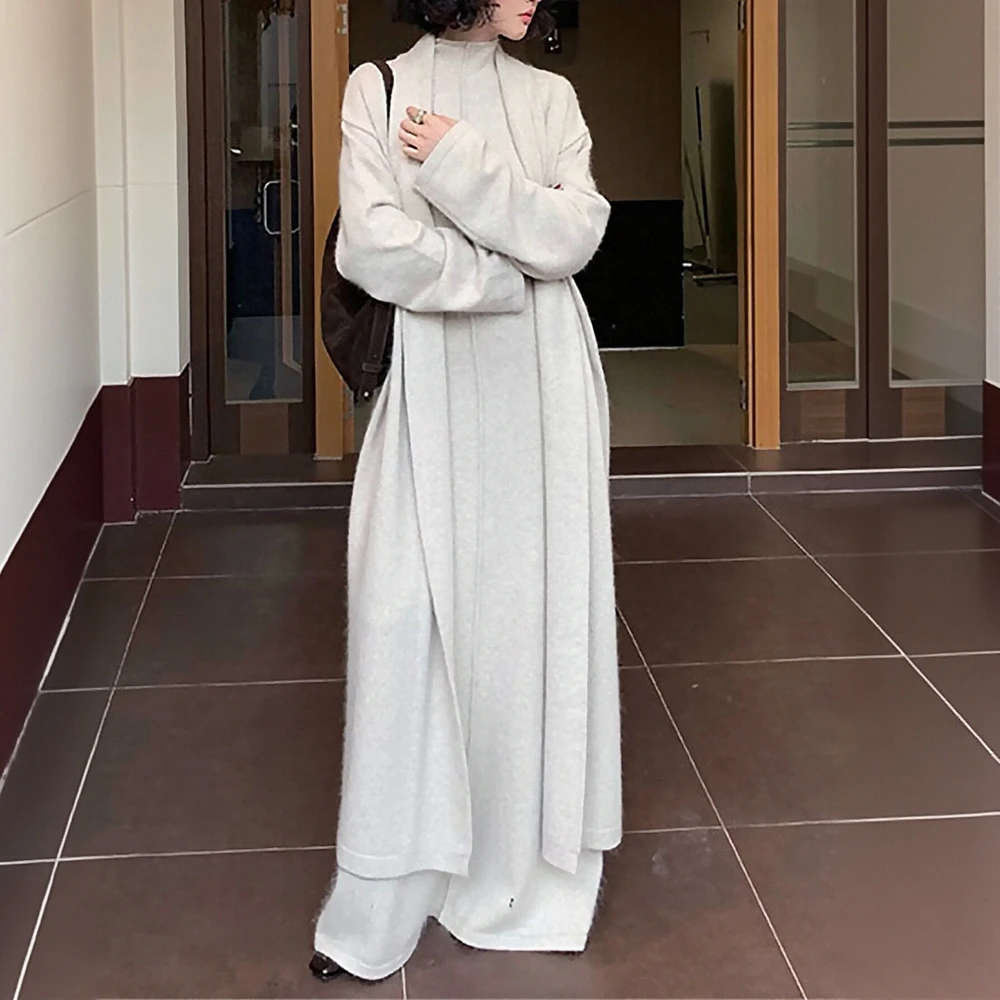 Women's Hong Kong Style Retro Long Knitted Cardigan Turtleneck Dress Set Elegant Sweater Suit for Autumn Winter