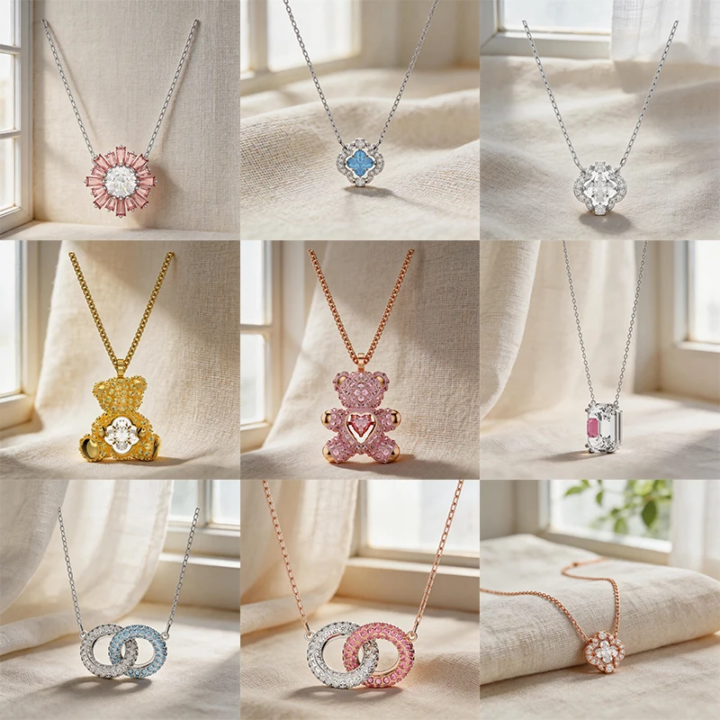Multi-Style Floral Animal Geometric Necklaces, Sunburst Flower Four-Leaf Clover Color Contrast Double Ring Layering Neck Jewelry for Girlfriend Kids