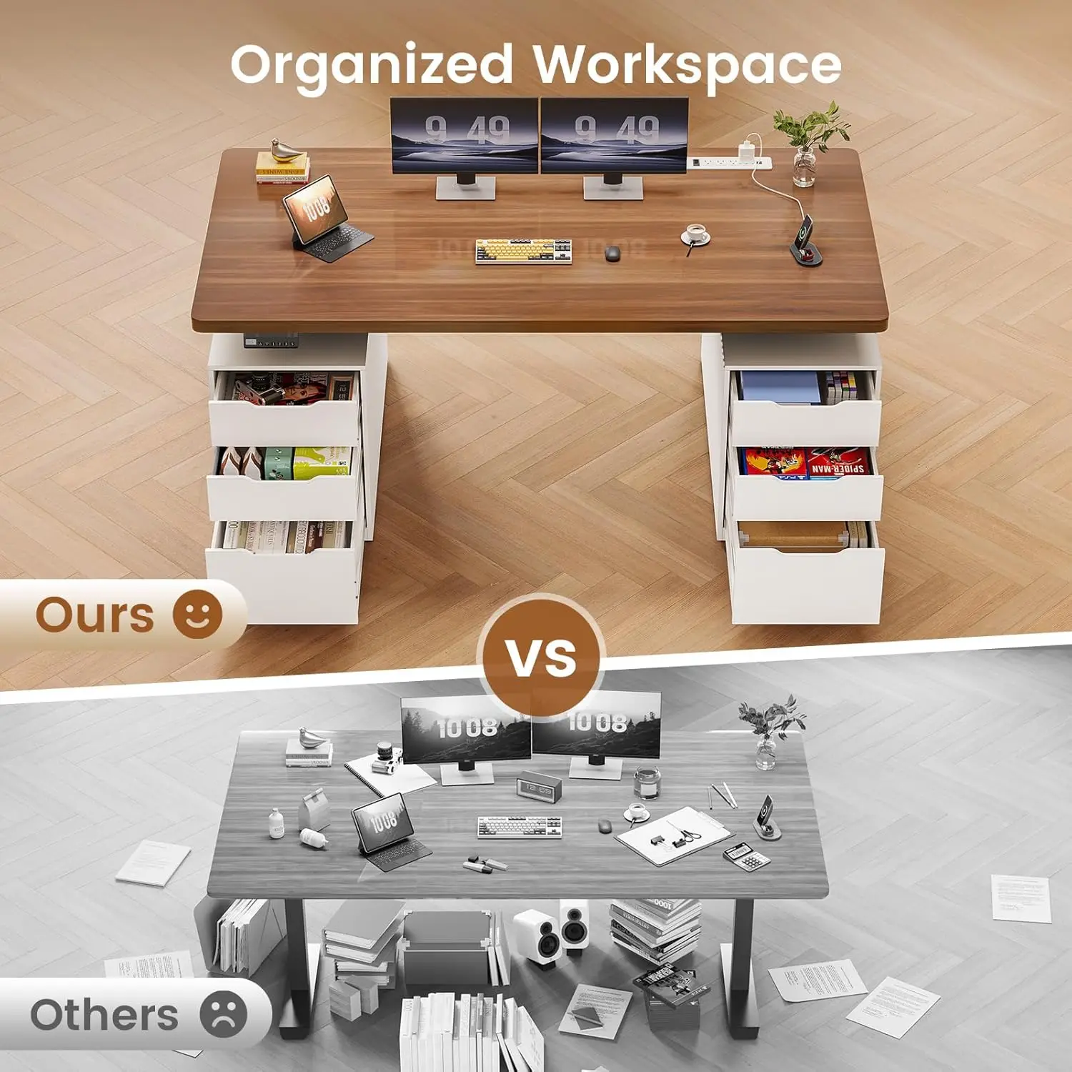 Electric Standing Desk with 6 Drawers, 55" Adjustable Stand up Desk with Storage, Computer Desks with Power Outlets, Customized