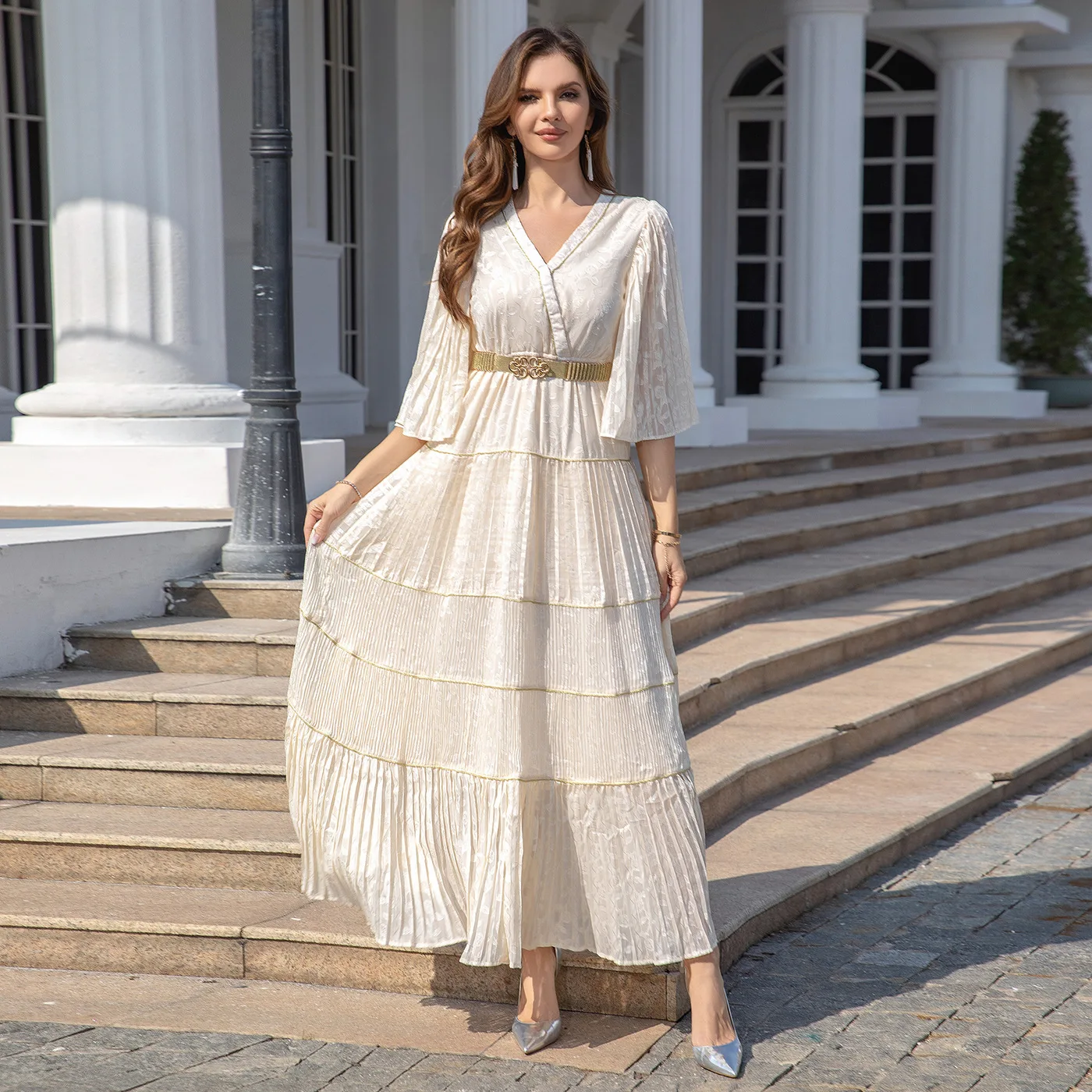 Robe de soirée ample à col en V pour femmes musulmanes, longue et amincissante