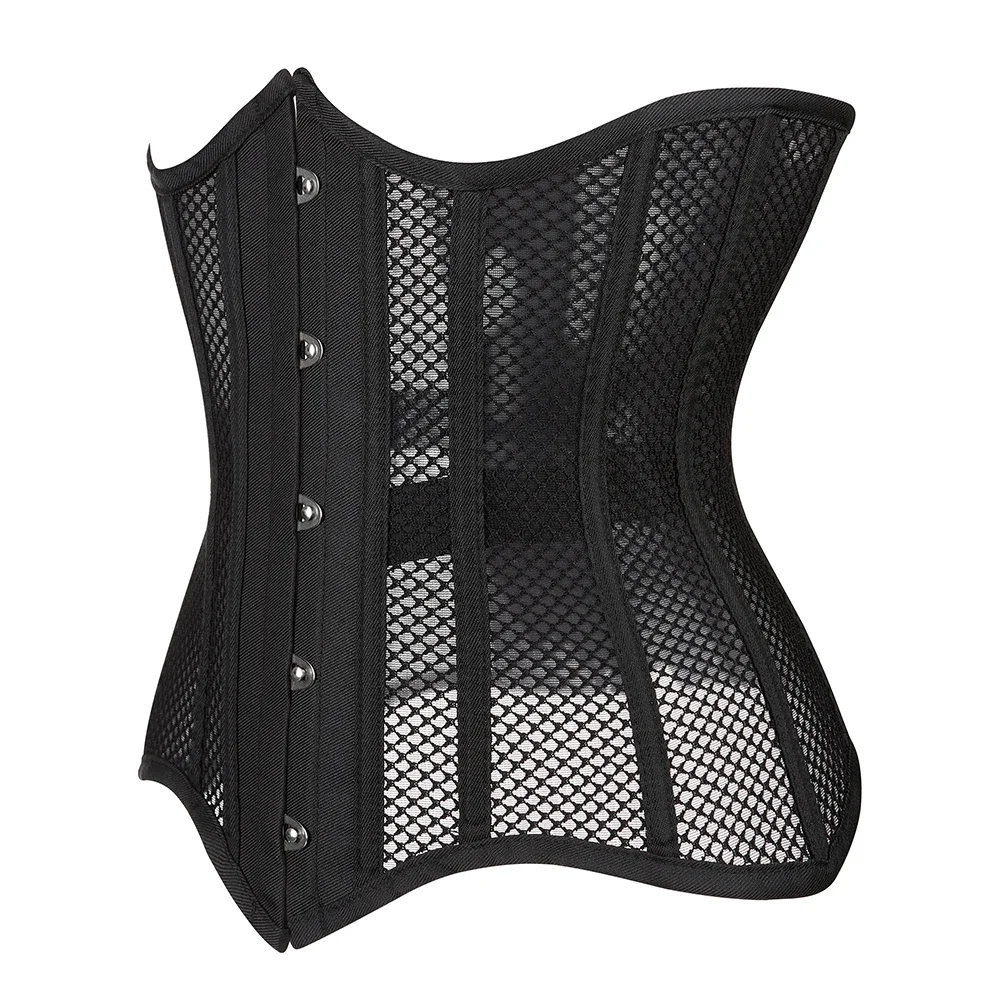 

Women Black Mesh Underbust Corset Steel Bones Slim Body Belts Streetwear See Through Corselet