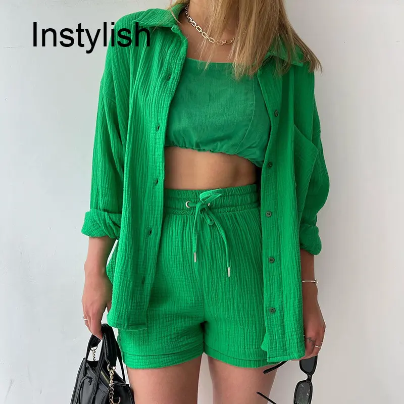 Elegant Long Sleeve Shirts and Loose High Waist Mini Shorts Sets Summer Vintage Oversize Blouse Suit Casual Outwear 2 Pieces Set