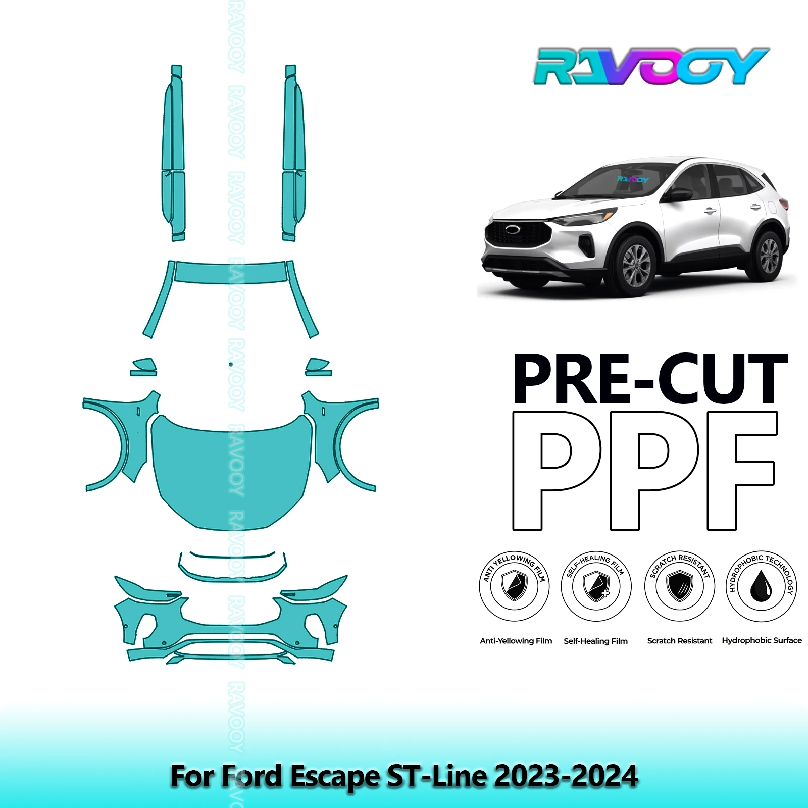 

8.5Mil Precut Paint Protection Film PPF Clear Bra Front Kit+Rockers For Ford Escape ST-Line 2023-2024