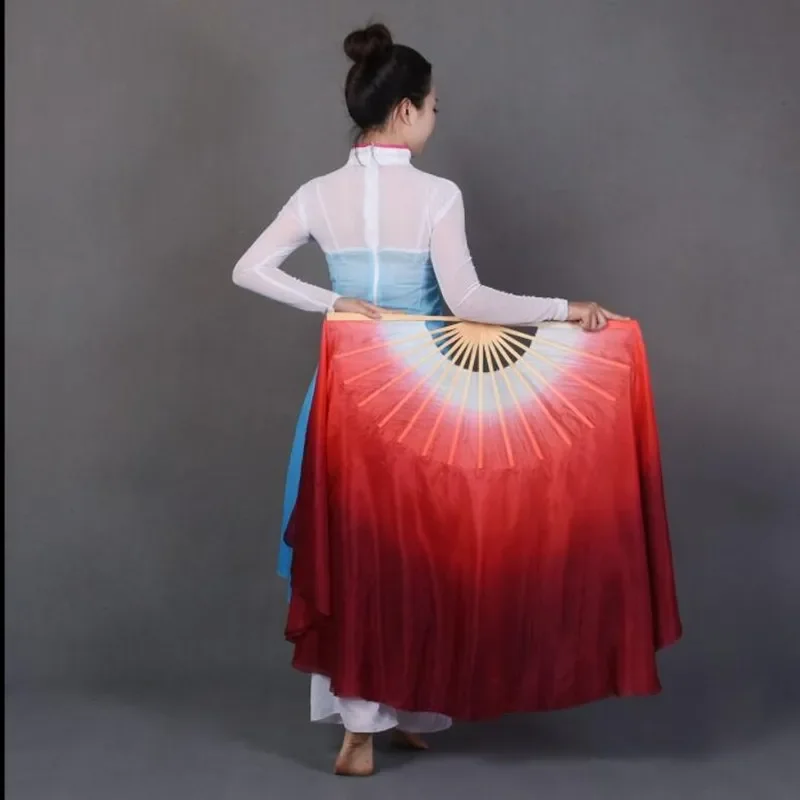 Éventail de danse folklorique en bambou et soie véritable, deux couleurs, fait à la main, pour le ventre, Art populaire chinois, blanc, rouge, dégradé, tailles assorties