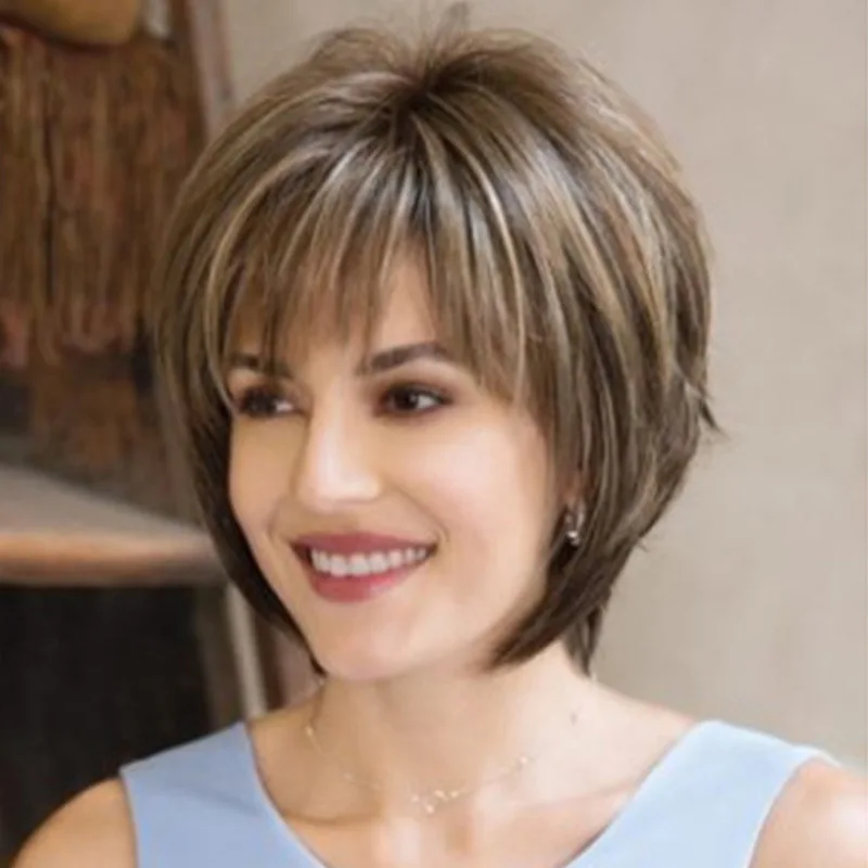 Damenmode-Perücke, trendige gemischte Farben, kurzes Haar, flauschige und realistische kurze glatte Haarperücke, flauschige Kurzhaarperücke.