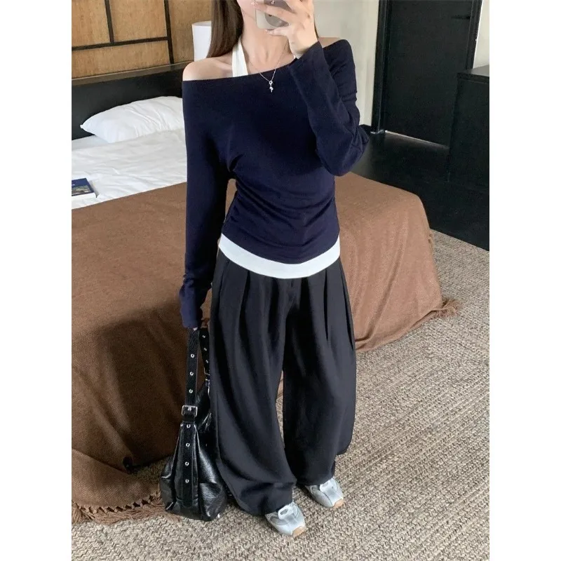 Striped One-shoulder Long-sleeved T-shirt Women's Autumn New Style Cover the Flesh and Slimming Fake Two-piece Top