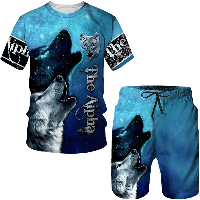 Men T-Shirts Set Animal The Wolf Print Letter Shorts Tracksuit 2 Piece Outfits Summer Oversized Man Clothing Fashion Streetwear