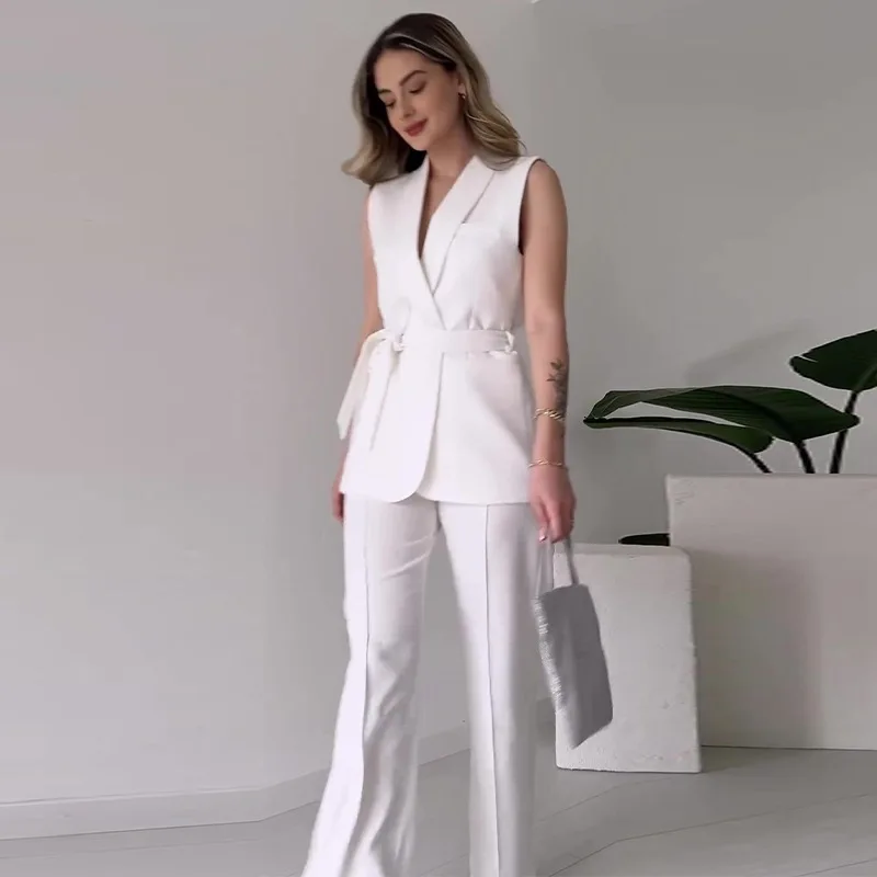 Conjunto De 2 Piezas Para Mujer, Pantalón sin mangas con cuello en V, Pantalones formales, traje De Mujer con temperamento informal, traje elegante De verano para oficina