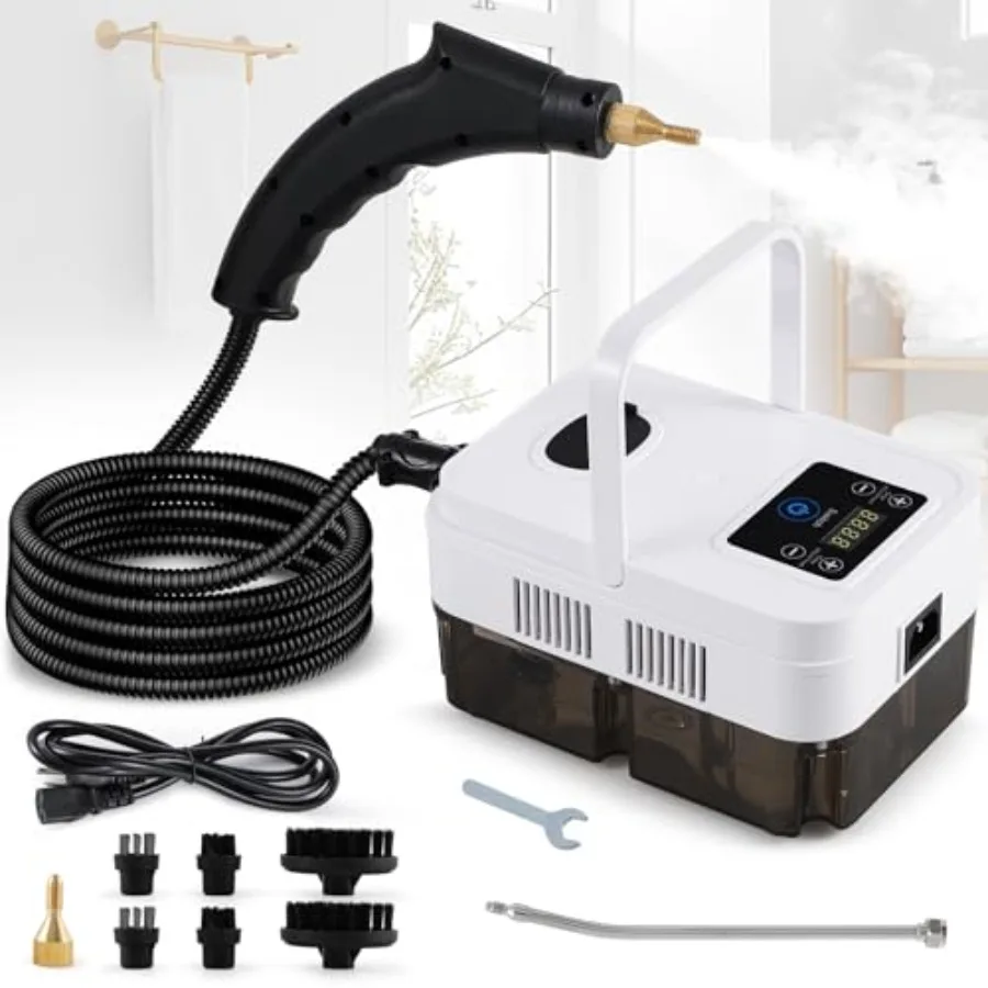

Handheld Steam Cleaner for Grout Tile Cleaning and Car Detailing with Pressurized Steam and Brush Heads in White