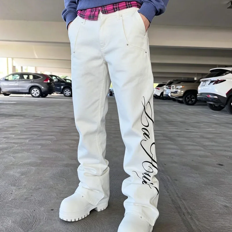 

Autumn Winter High Street Casual Letter Printed Straight Leg Pants European American Retro Washed Denim Men's Women's Clothing