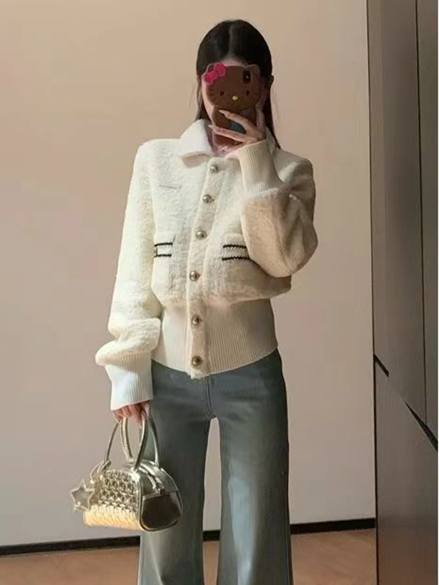 

Lamb Fur Jaet Women's Thiened Warm Collar Spring New Sle Fce Lined ort Coat Luxury Loose Fit Long Sve Pure Color