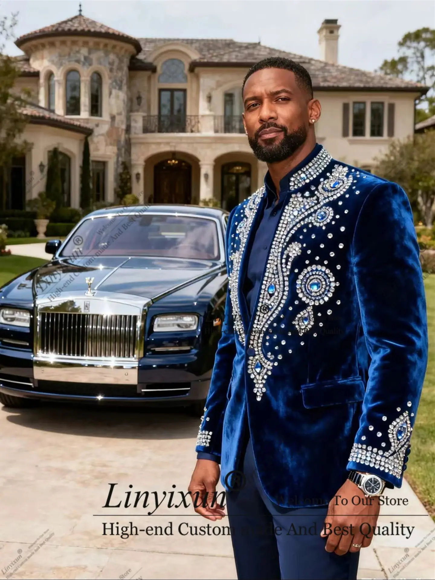 

Элегантные бархатные мужские костюмы, комплекты из 2 предметов, пиджак для выпускного вечера, деловой мужской смокинг для жениха, индивидуальный костюм с кристаллами из бисера Homme