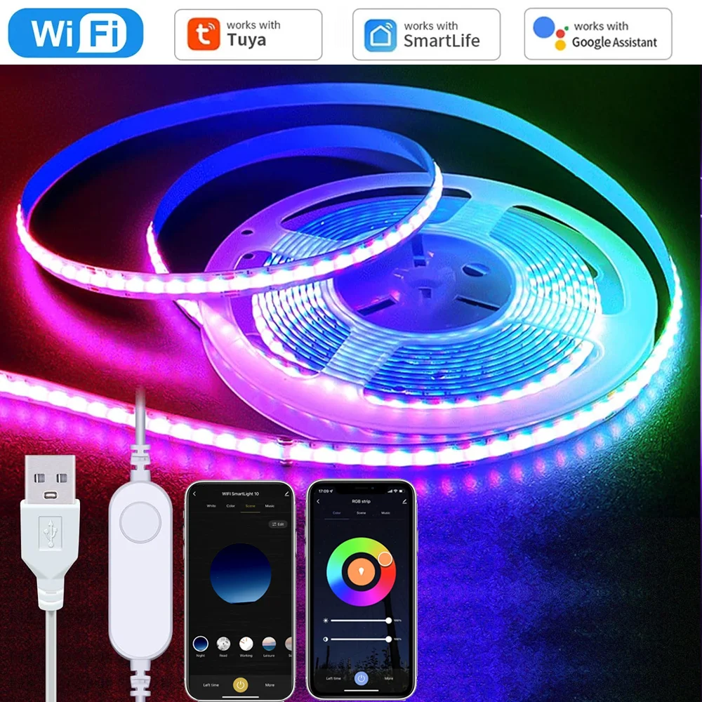 USB Tuya WiFi COB RGB LED Strip 5V 1M 2M 3M 4M 5M Dimmable Flexible Cabinet TV Bed Room Game Light Fr Alexa Google Assistant
