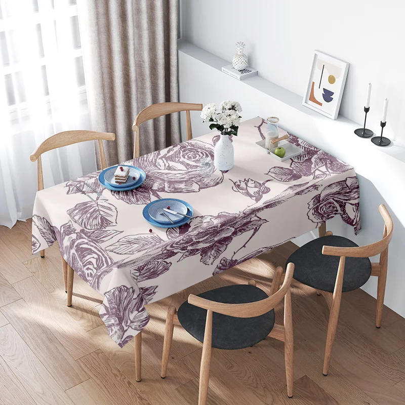 

Modern Floral Tablecloth for Dining Room Decoration Purple Leaves Design with Blue Edges