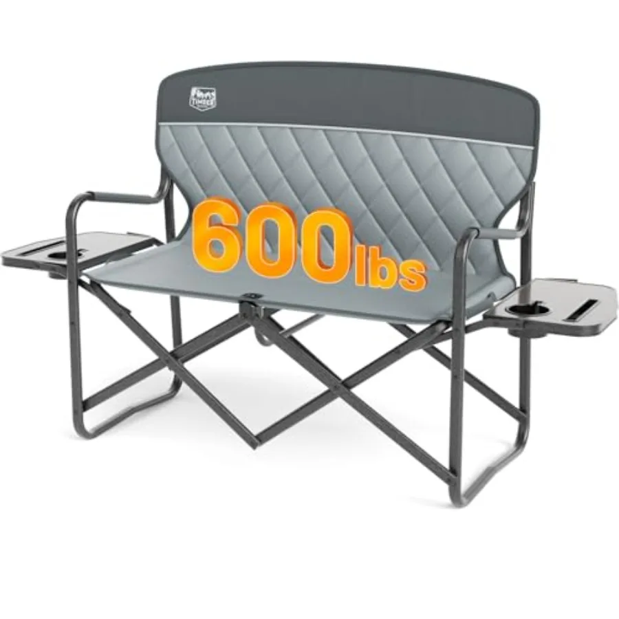 

Outdoor double camping chair portable loveseat, heavy duty folding camp couch for 2 people with cup holder, grey polyester fabr