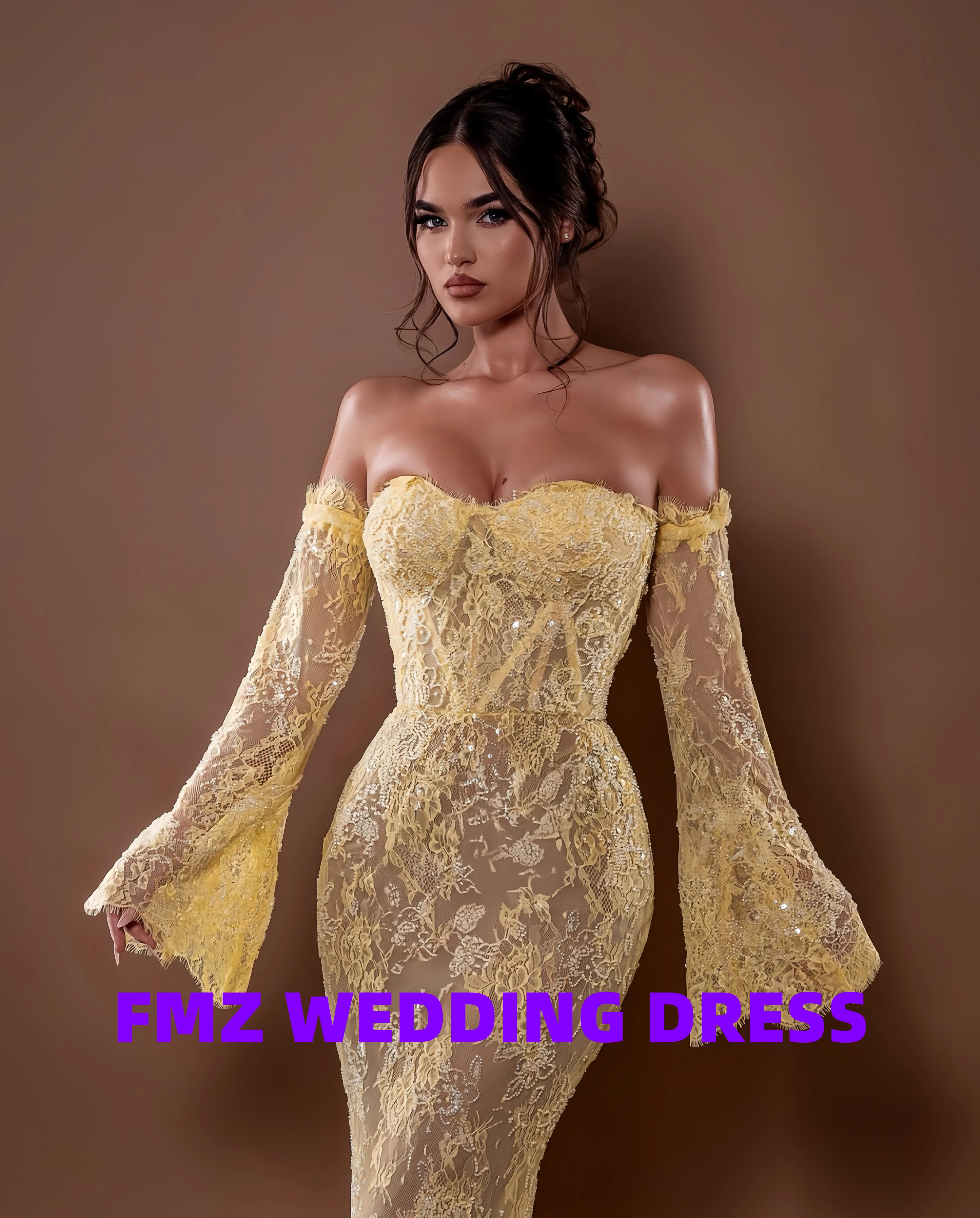 Vestidos de noche lujosos de encaje de sirena de manga larga con cuello dulce personalizados, vestido de noche para mujer, vestidos de noche modernos