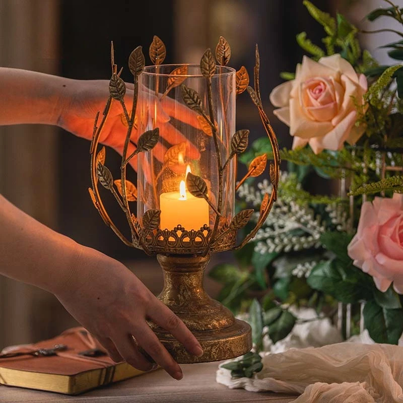 

Christmas Vintage Candle Holder European Iron Table Candlestick with Glass Cover Romantic Candlelight Home Decor Wedding Gift
