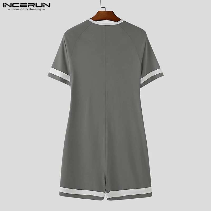 INCERUN 남성 바디 슈트 패치 워크 지퍼 오 넥 반팔 아늑한 남성 Rompers Playsuits 운동 2025 패션 캐주얼 바디 슈트 남성