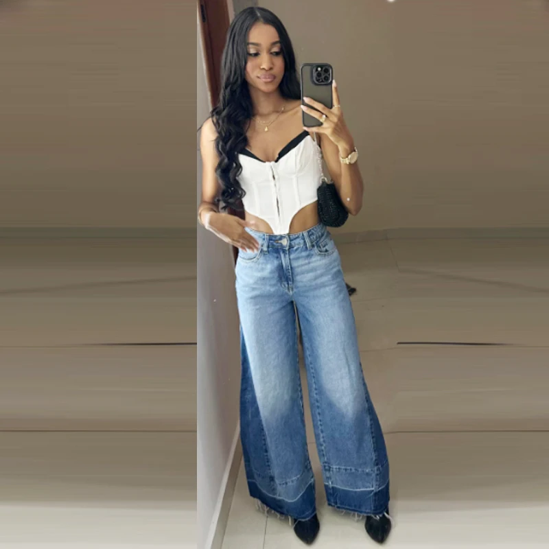 HXAO Luźne Jeansy Damskie Spodnie Jesień 2025 Oversize'owe Szerokie Jeansy Plus Size z Wysokim Stanem, Łączone Spodnie, Spodnie Streetwear