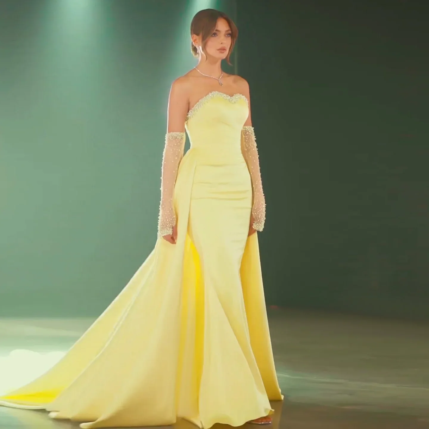 

Sharon Said Sweetheart Yellow Satin Elegant Evening Dress with Gloves Beaded Pearls Women Wedding Party Gowns SS586 Customized