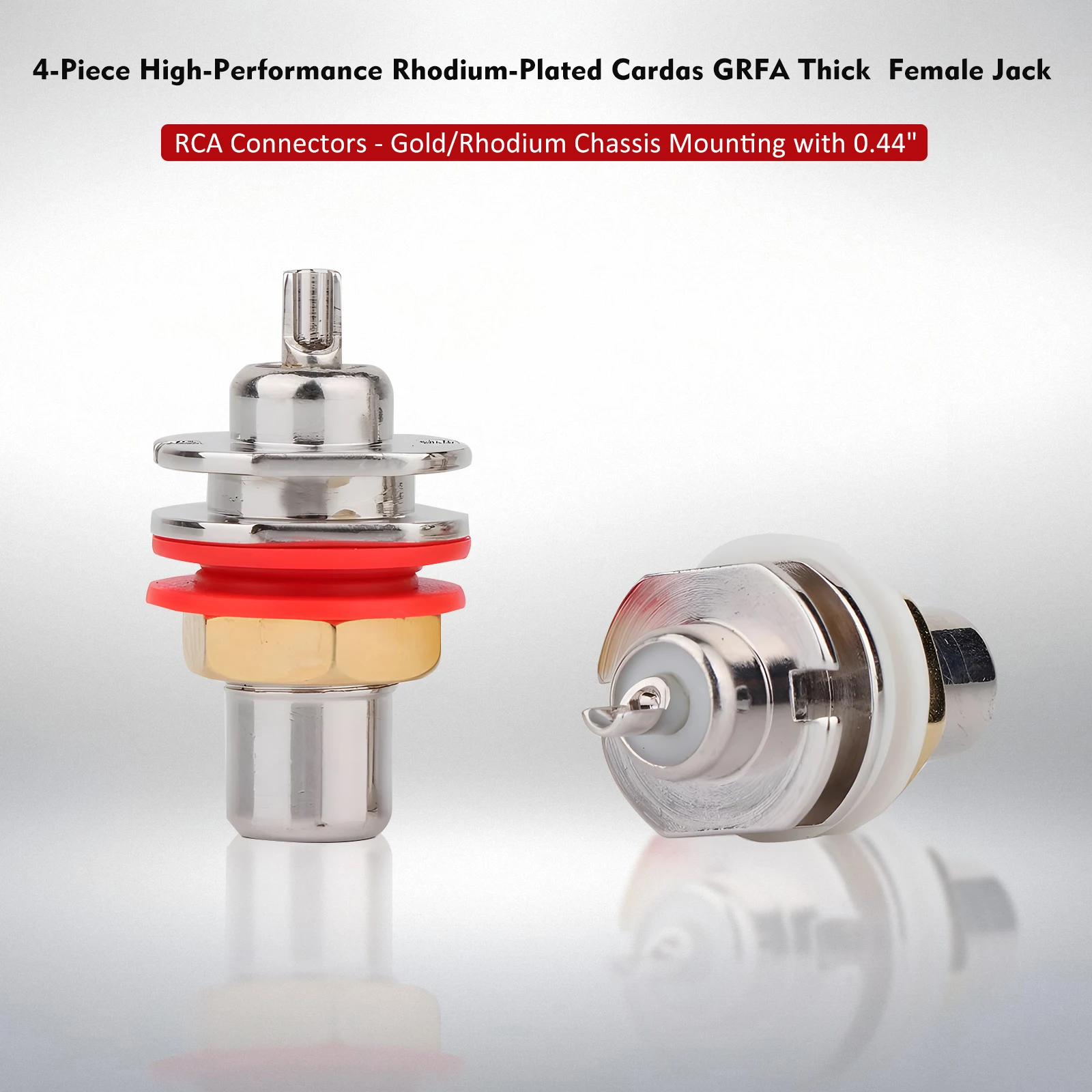 RS3017 High-Performance Rhodium-Plated Cardas GRFA Thick Female Jack RCA Connectors - Gold/Rhodium Chassis Mounting with 0.44