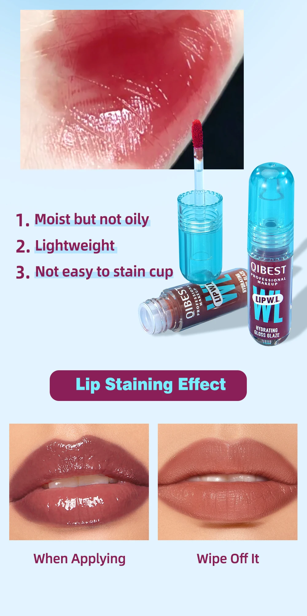 QIBEST Kristall-Lipgloss Spiegel-Wasser-Effekt Lip Glaze Langanhaltender Feuchtigkeitsspendender Lippenbalsam Aufpolsternder Gloss-Öl Hydratisierendes Make-up Lip Tint – Detail 5