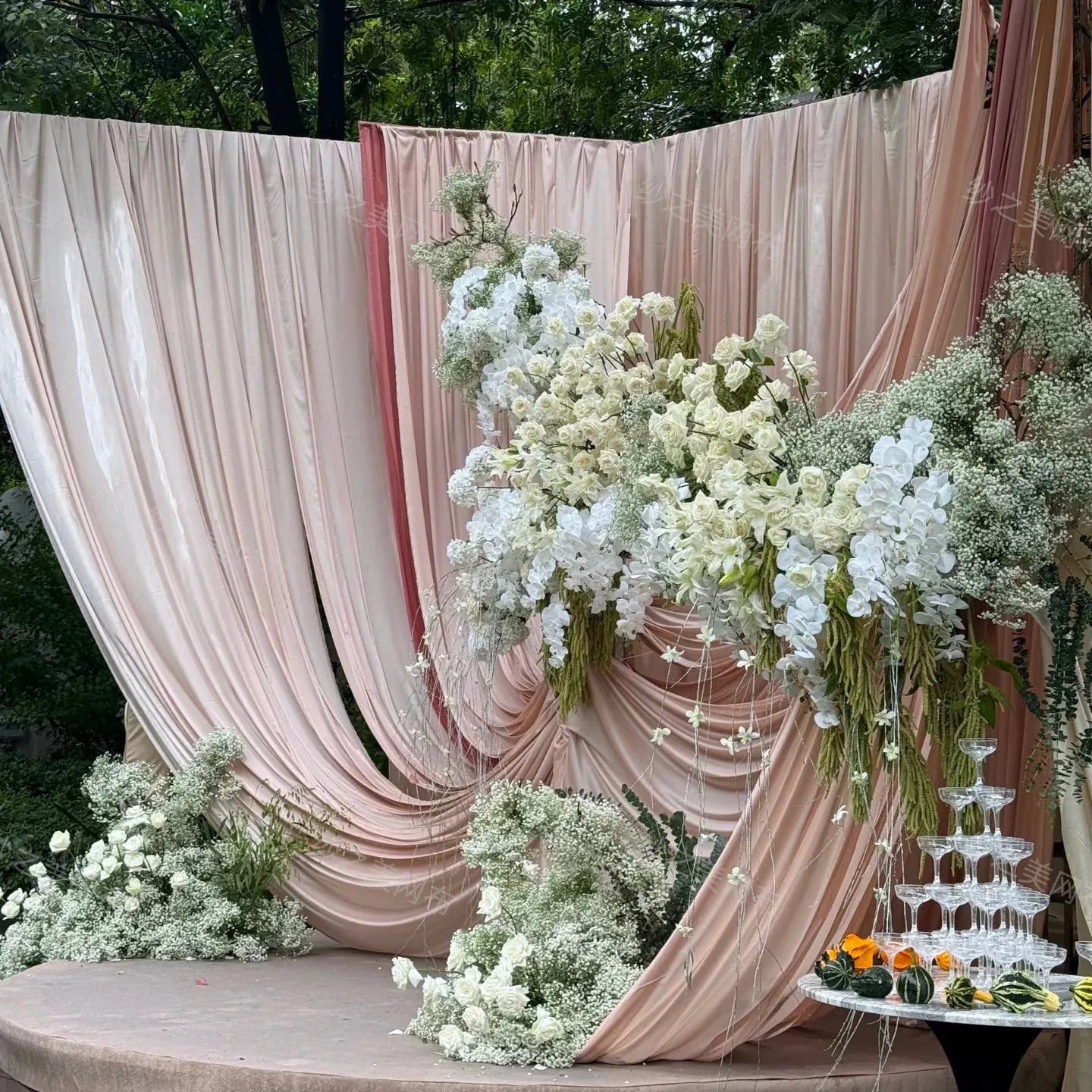 Light Pink Champagne Satin Cloth Draping Fabric for Wedding Background Tablecloth Mixed Fabric