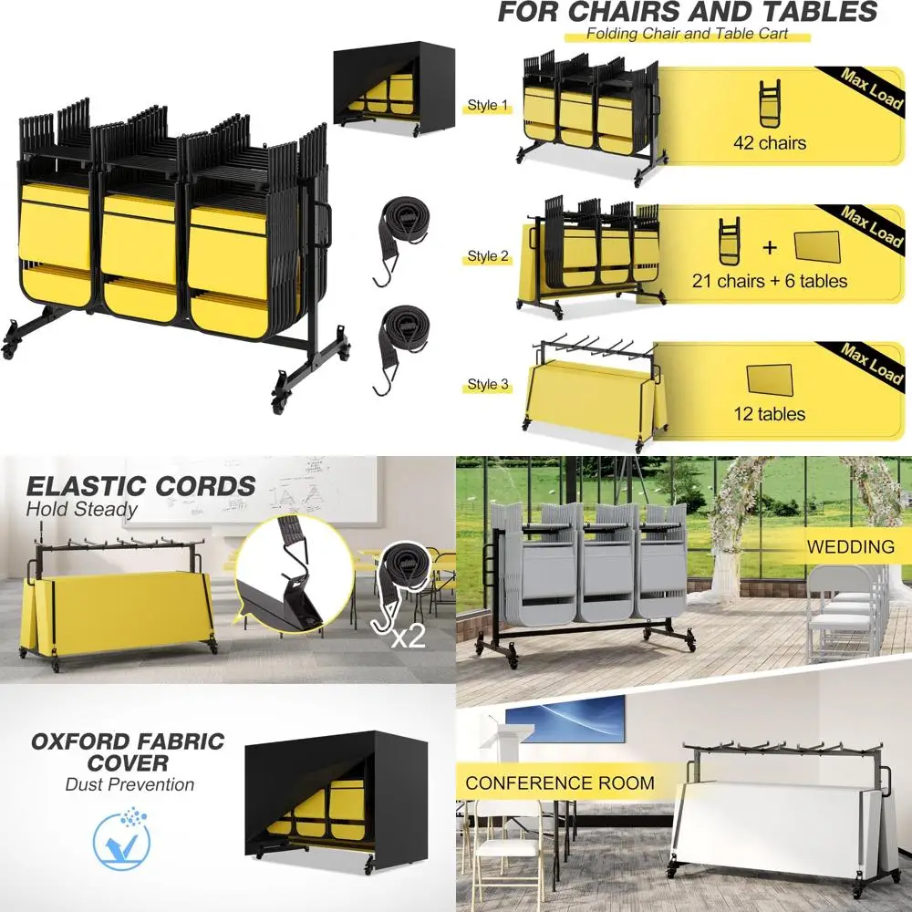 عربة تخزين كرسي معدنية قابلة للطي شديدة التحمل مع طبقة واحدة لـ 42 كرسيًا أو 12 طاولة، تدعم ما يصل إلى 500 رطل
