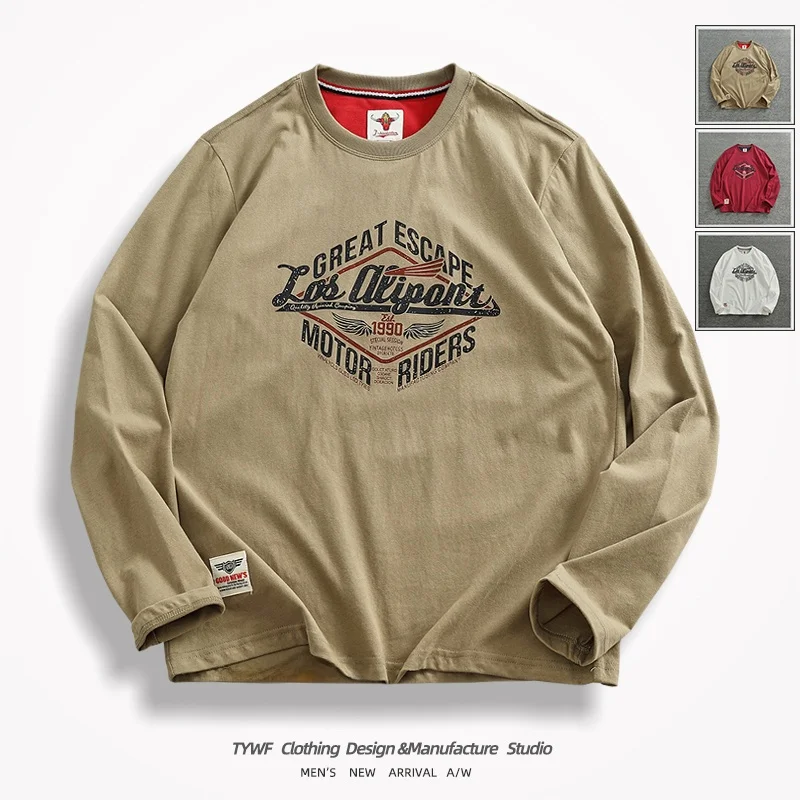 Long Sleeve Cotton T-Shirt Men's Spring Autumn New round Neck Washed Brushed Inner Shirt Fashion Urban Casual Style Breathable