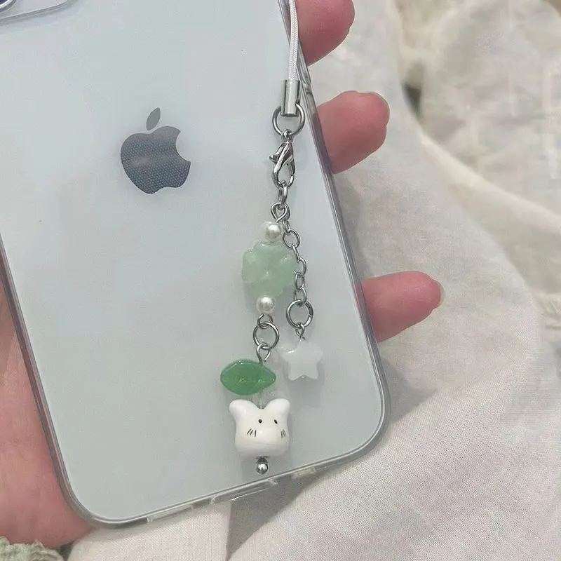 Handmade Four Leaf Clover Beaded Phone Charm Y2K Cute Ceramics Cat Backpack Keychain Bag Key Ring for Girls Christmas Gift