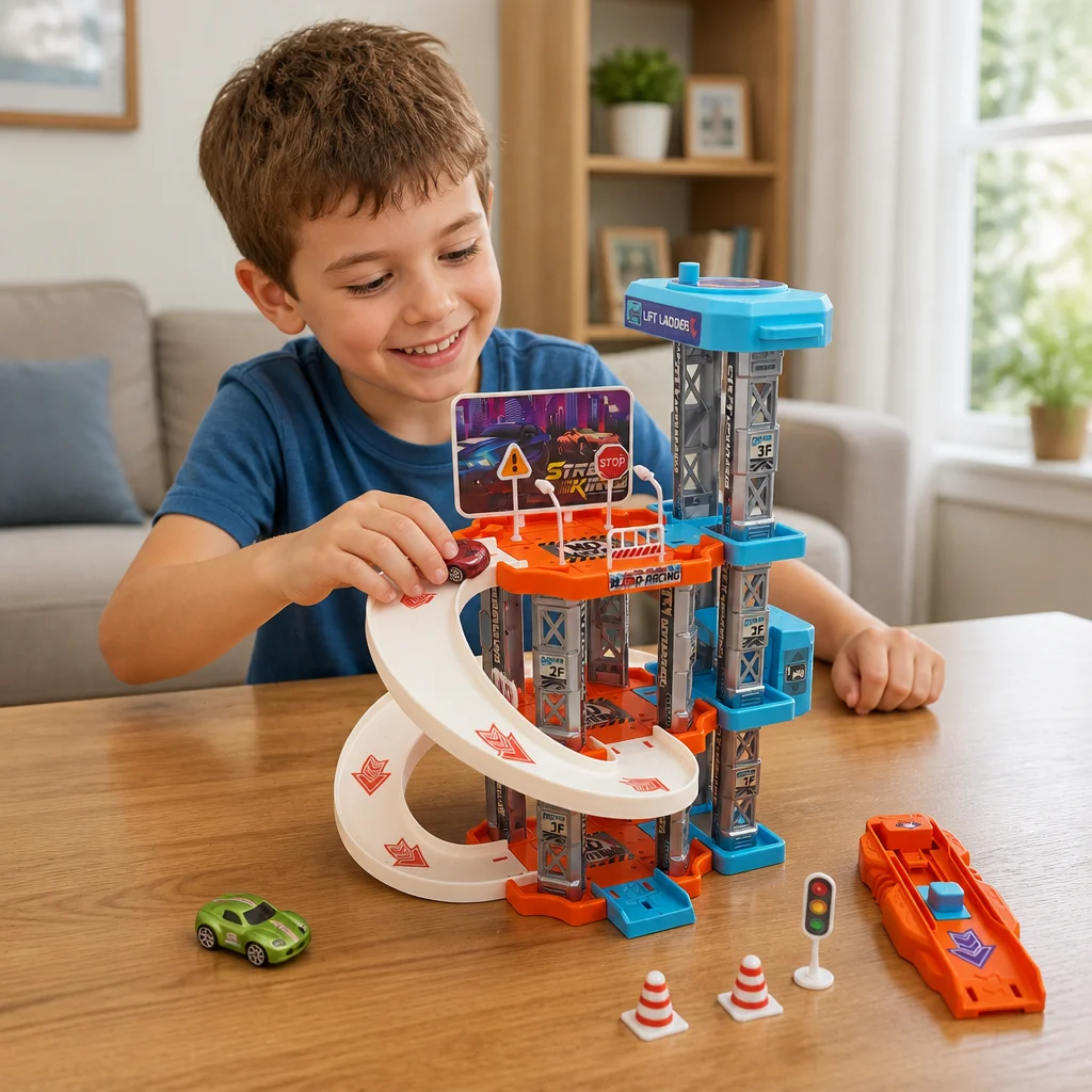 Boy's three-layer manual lift parking lot toy set, children's rail car toy, suitable for birthday gifts (random color)