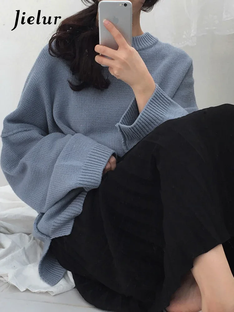 Jielur Casual Solid Color Blue Coffee Sweater Women Korean Chic Vintage Basic Loose Pullover Long Sleeve Knitted Sweaters Female