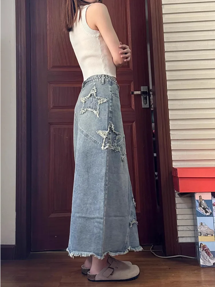 Fashion Star Grapgic New Denim Long Skirt Women's Emo High Waist Maxi Skirt Korean Style Sexy Wrap Hip Midi Jeans Skirt Y2k Girl