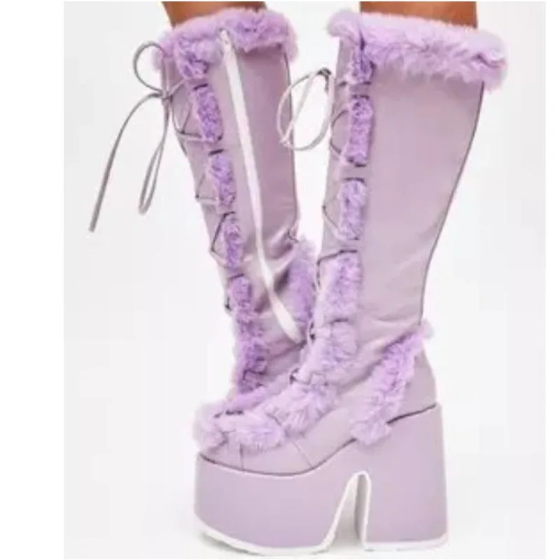 

Winter Big Size 43 White Punk Style Women's Faux Fur Chunky Platform Boots Gothic Black Block High Heels Shoes