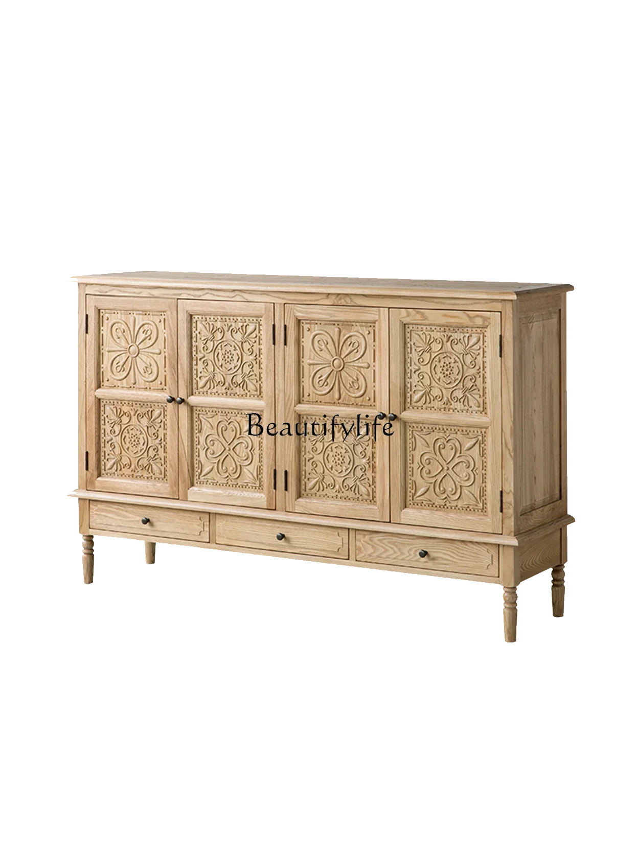 

American Country Retro Idyllic Wood Carved Entrance Cabinet Distressed Chest of Drawers