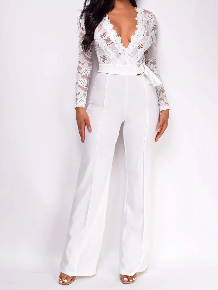 

Elegant V-neck Long Sleeve Playsuits Casual Lace Overalls Stitching Solid Color Long Jumpsuits Fashion Hight Waist Slim Rompers