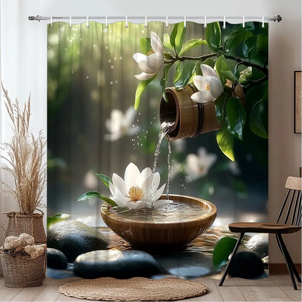 

The scene of lotus and bamboo Washable Dirt-Resistant Shower Curtain Shower Head waterproof Polyester Bath Curtain