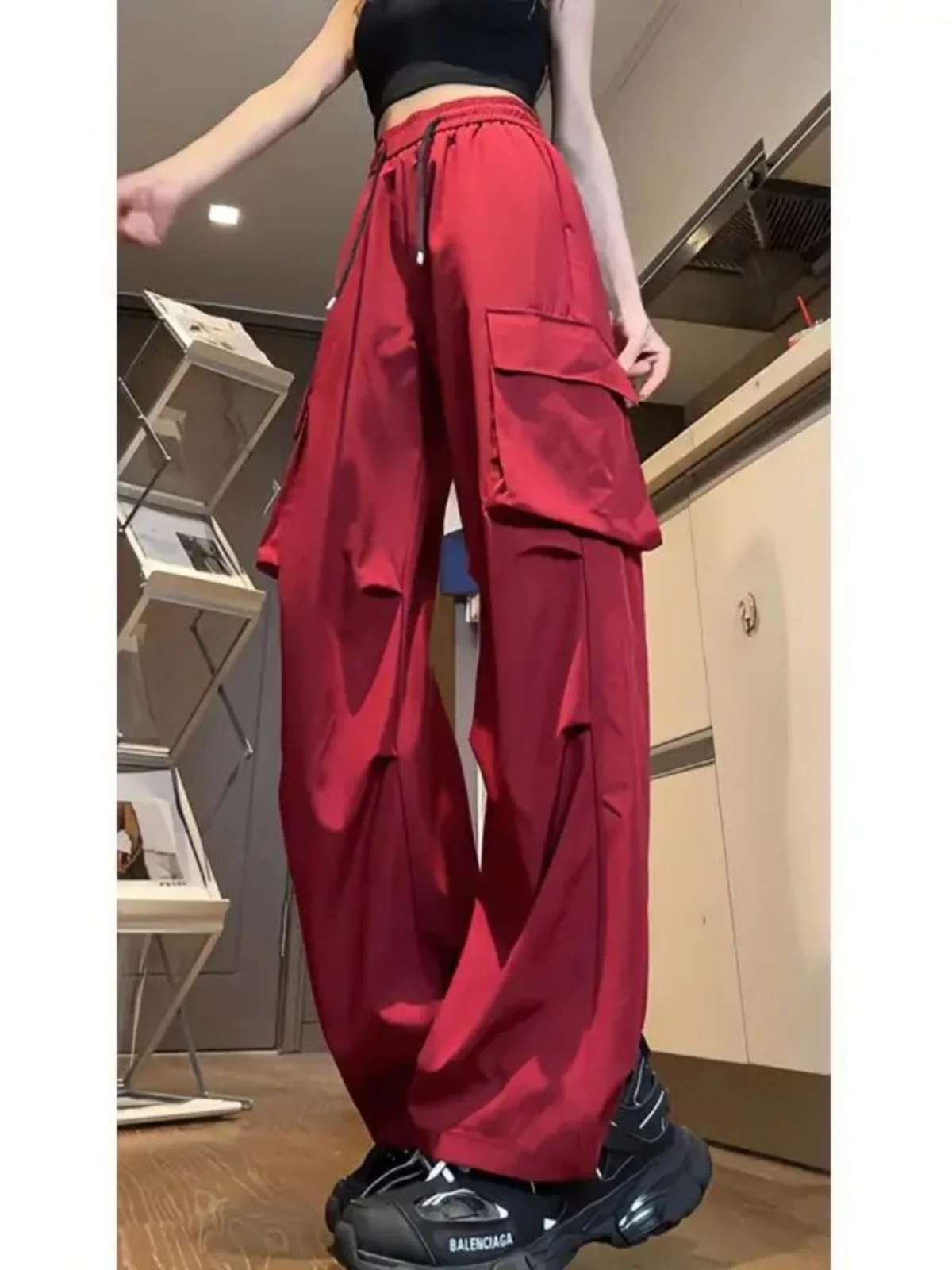Red Wine Color Multi-Pocket Men's Work Pants Summer Thin Loose Straight Ice Silk High Waist Floor-Length Wide Leg Pants