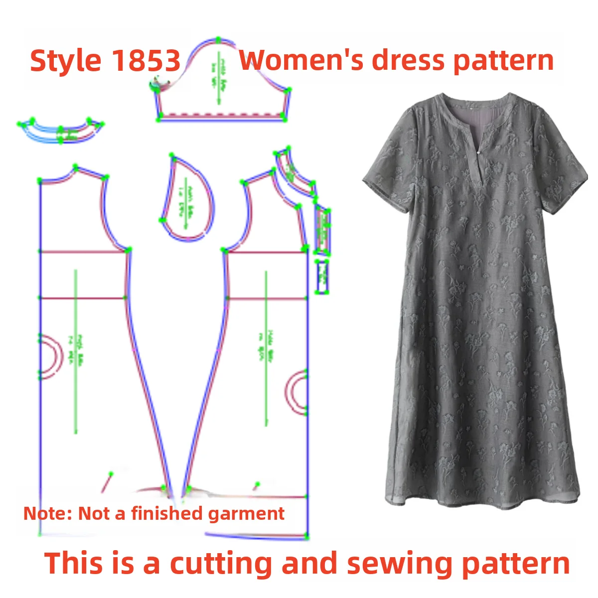 

Summer V-neck Printed Dress Pattern DIY 1853 Style Fashionable Garment Cutting Diagram Home Textile Accessories
