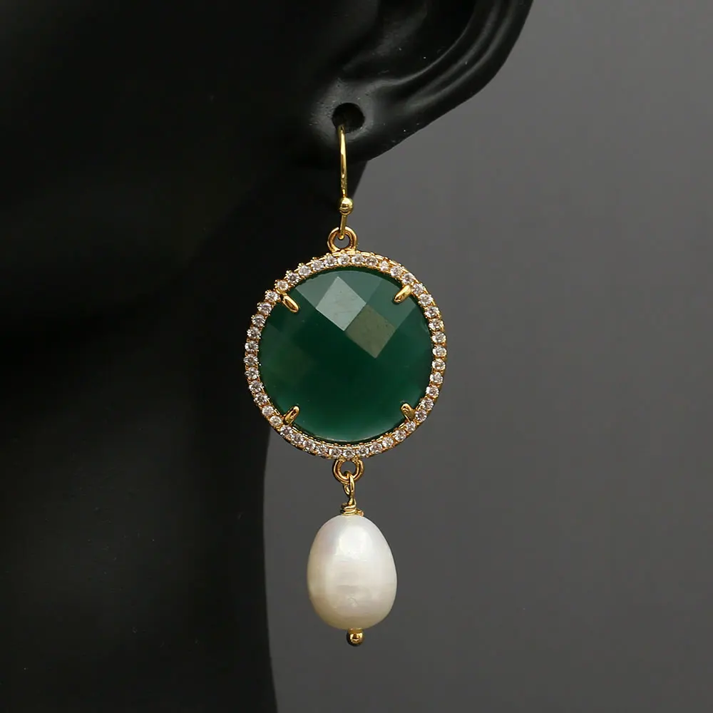 Boucles d'oreilles crochet pendantes pour dames, perle d'eau douce naturelle, perle de riz blanche, perle verte, diversifier, pièce de monnaie pavée CZ, cadeaux simples, 227