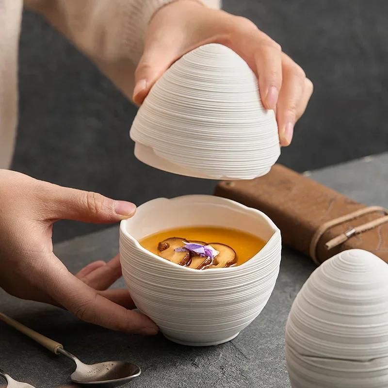Line pattern ceramic egg cup, health small stew cup, high-end hotel restaurant creative commercial egg-shaped l, steamed egg
