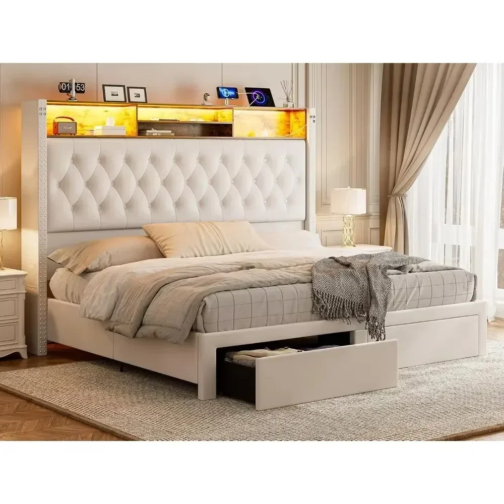 

Upholstered Queen Size Bed with Headboard and Storage, 60" High, with 2 Drawers, Tufted Wingback LED Light, Charging Station