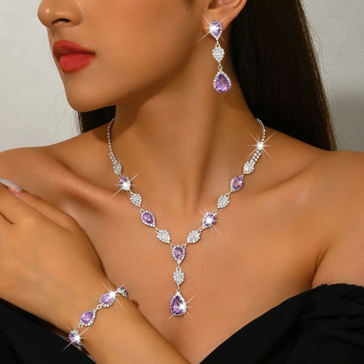 

Elegant Purple Crystal Bridal Jewelry Set, Silver Tone Teardrop Pendant Necklace Bracelet Earring Set for Evening Party Gift