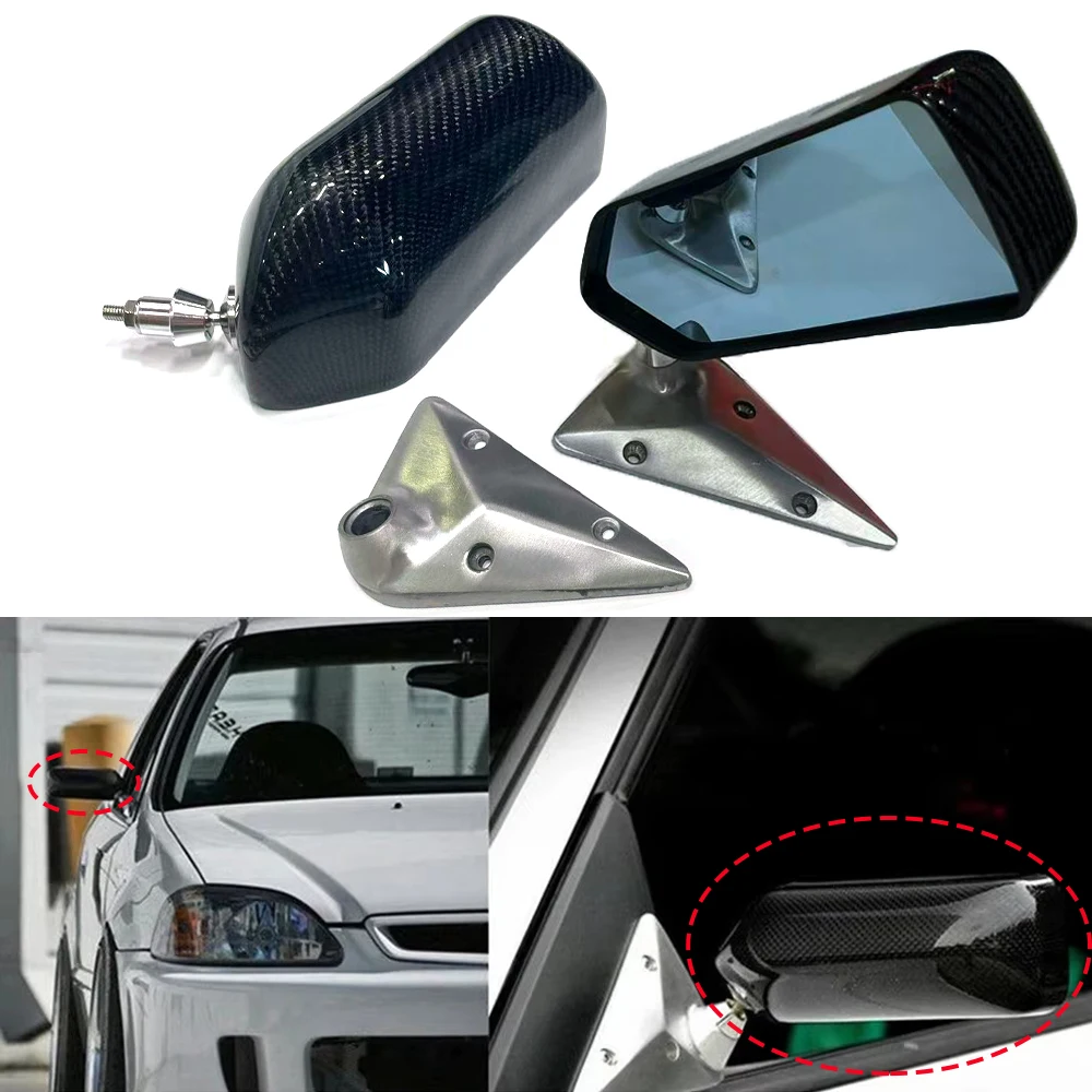 2pcs Universal Car Racing Modification Retro Car Rearview Mirror Craft Square F1 Style Blue Lens ABS + Real Carbon Side Mirror