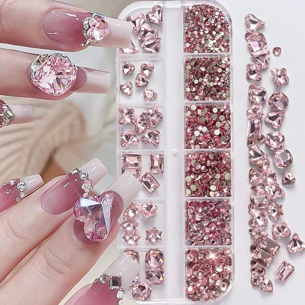

12Grids Pink Mixed Rhinestone 3D Nail Charms Y2k Glitter Crystal Jewelry Gem Nail Art Decoration DIY Crafts Manicure Rhinestones